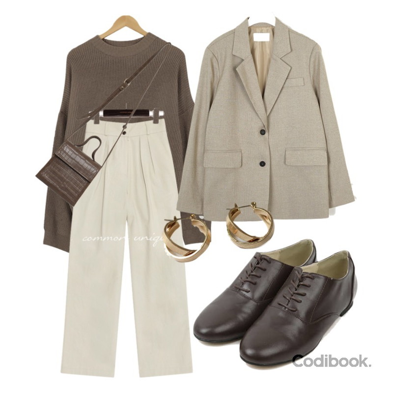common unique ROTER PINTUCK COTTON WIDE PANTS,AIN dean many check jacket,AWAB 구르밍라운드니트등을 매치한 코디