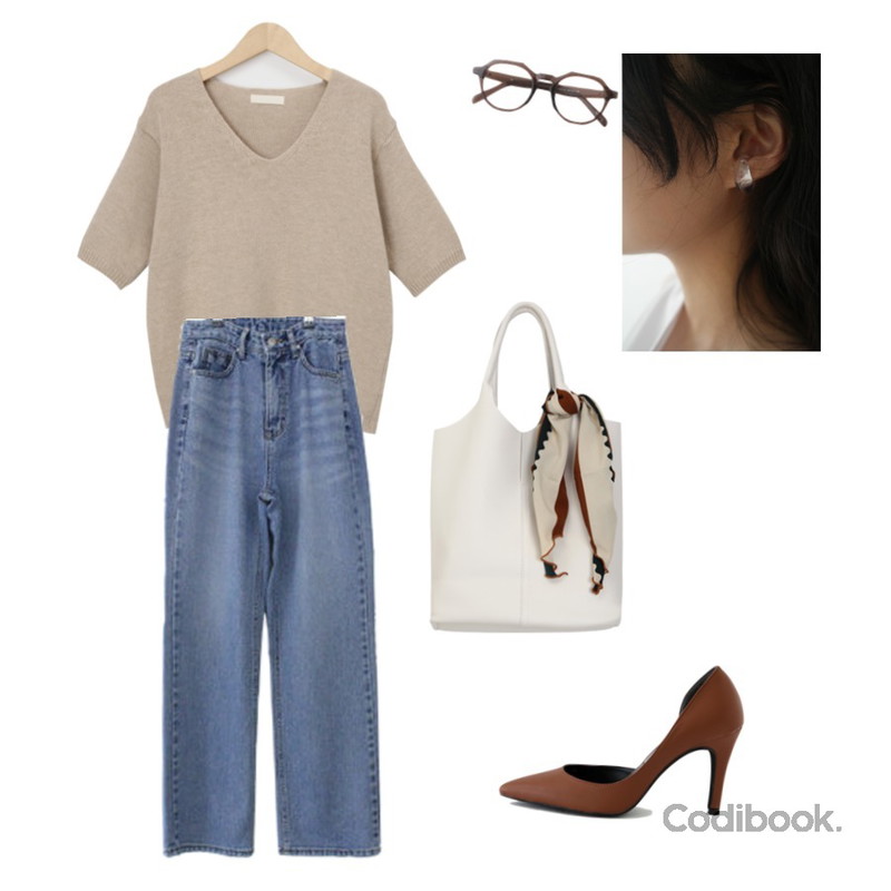 BITDA 디온 denim,AFTERMONDAY formica hole earcuff (2colors),From Beginning Honey wool cashmere knit_J (울 70%, 캐시미어 10%) (size : free)등을 매치한 코디