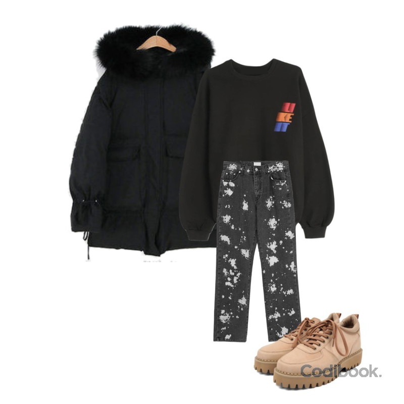 LOVELY SHOES 델리크 후드 퍼 패딩,GIRLS RULE 삼단 라이크 잇 맨투맨 (t5977),openthedoor straight-fit painting black jeans - men등을 매치한 코디