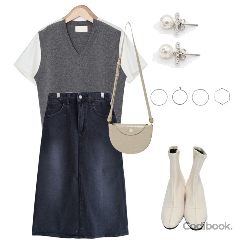BANHARU basic printing tee,MUSEPOP 워싱 데님 롱스커트 (sk0115),From Beginning Basic wool kint vest_U (울 50%) (size : free)등을 매치한 코디