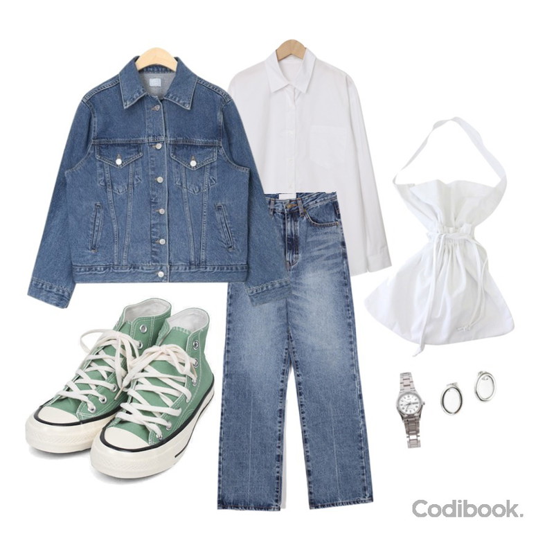 AIN levis standard denim jacket,From Beginning Bounce pocket color shirts_C (size : free),AIN wide washing denim pants (s, m)등을 매치한 코디