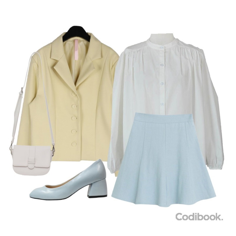 daily monday 70s vintage jacket,TODAY ME (플레어 트윌 sk),BITDA 블라잉 blouse (2color)등을 매치한 코디