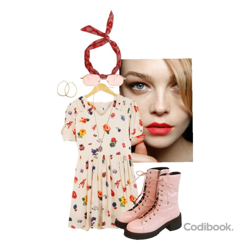 rose me shoulder shirring, ops,makeup,common unique KIDEN LACE-UP HIGH WALKER등을 매치한 코디