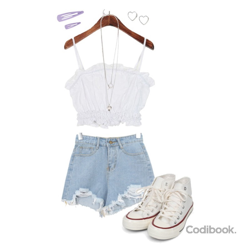 BULLANG GIRL 로틴데님숏P,ROCOSIX 밴딩 프릴 스트랩 슬리브리스,AIN colouring high canvas sneakers (225-250)등을 매치한 코디
