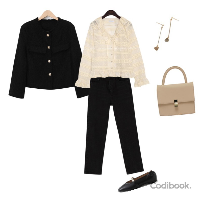 LOVELY SHOES 주벨론 플랫슈즈 1cm,From Beginning Edit minimal tweed jacket (울50%) (size : free),BANHARU vintage black straight pants등을 매치한 코디