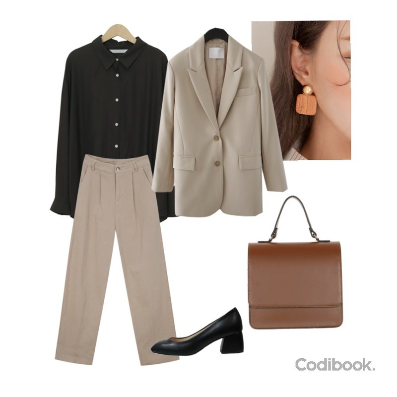 common unique CARBON WOOD DROP EARRING,MIXXMIX 6805 데일리 팬츠,From Beginning David silky collar shirts_C (size : free)등을 매치한 코디