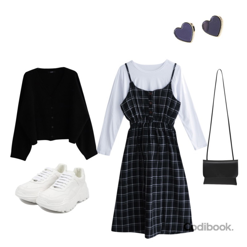 openthedoor candy platform sneakers (5 color),GIRLS RULE 체크 뷔스티에 원피스 (ops0051),GIRLS RULE 유니 니트 가디건 (cd0007)등을 매치한 코디