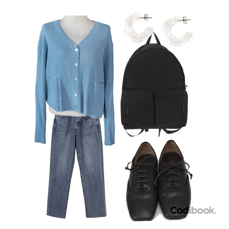 BITDA 레일디 cardigan (4color),From Beginning Glove stitch plat loafer_J (size : 225,230,235,240,245,250),AWAB 카온데님팬츠등을 매치한 코디
