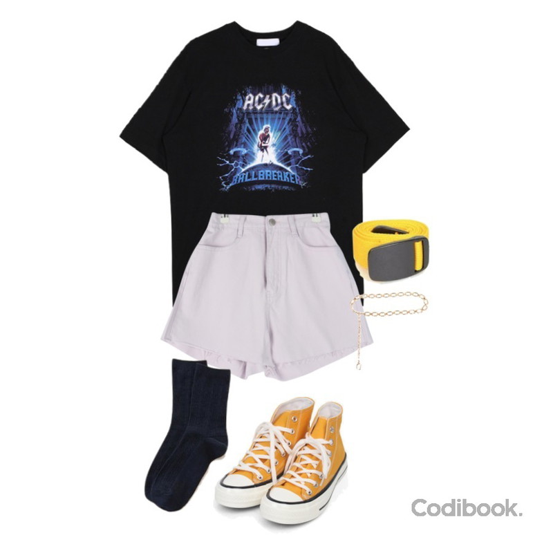 GIRLS RULE 수리 컷팅 데님 반바지 (pt2046),openthedoor ACDC ballbreaker 1/2 T - men,AIN colouring high canvas sneakers (225-250)등을 매치한 코디