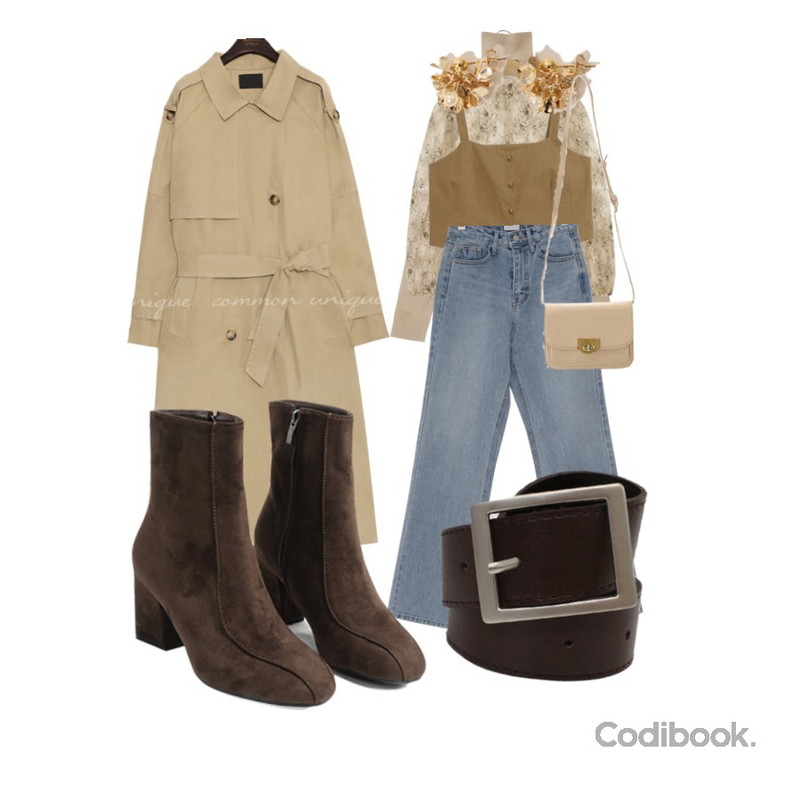 common unique [TOP] 9 COLOR TURTLE NECK KNIT,common unique MERCY FLOWER SEETHROUGH BLOUSE,common unique BOSTON DOUBLE TRENCH COAT등을 매치한 코디