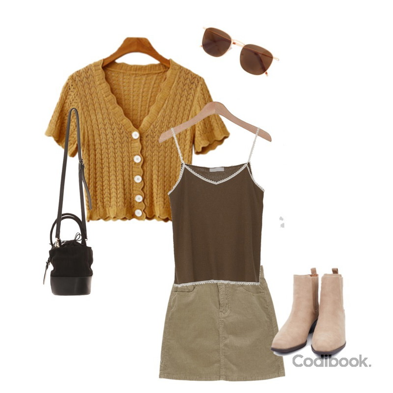 BANHARU feminine lace detail sleeveless,ENVYLOOK 물결반팔가디건,ROCOSIX 코듀로이 숏 스커트등을 매치한 코디