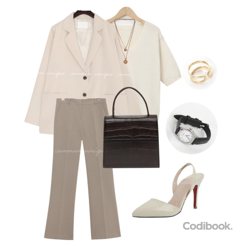 common unique PLENTIFUL SET-UP STRAIGHT SLACKS,common unique [OUTER] BLEACH BASIC SINGLE JACKET,From Beginning Honey wool cashmere knit_J (울 70%, 캐시미어 10%) (size : free)등을 매치한 코디