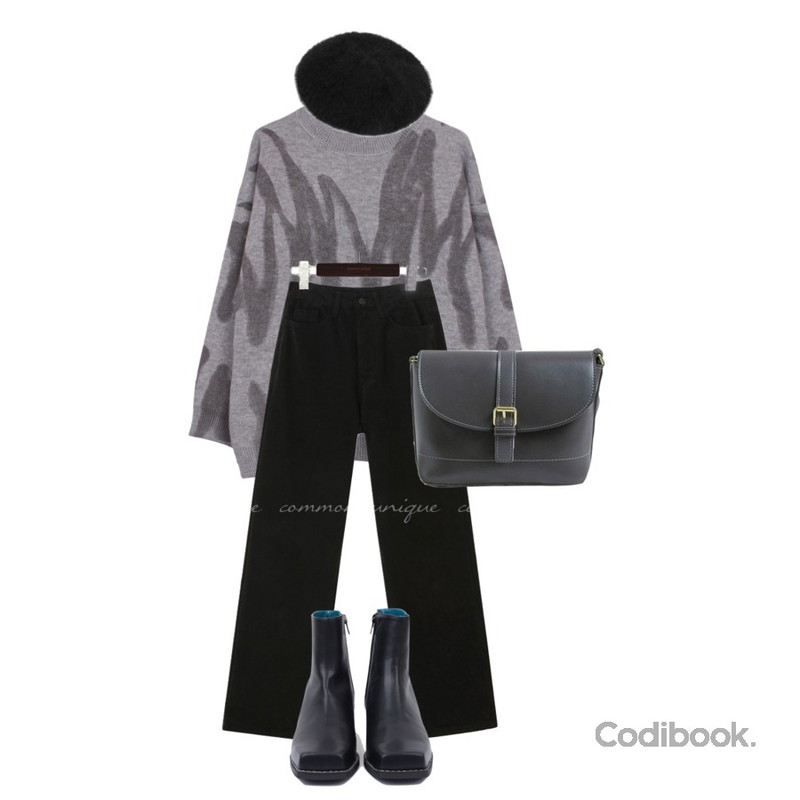peachpicnic 스퀘어토 스티치 앵클부츠,biznshoe Painting knit (2colors),common unique MOROS NAPPING WIDE COTTON PANTS등을 매치한 코디