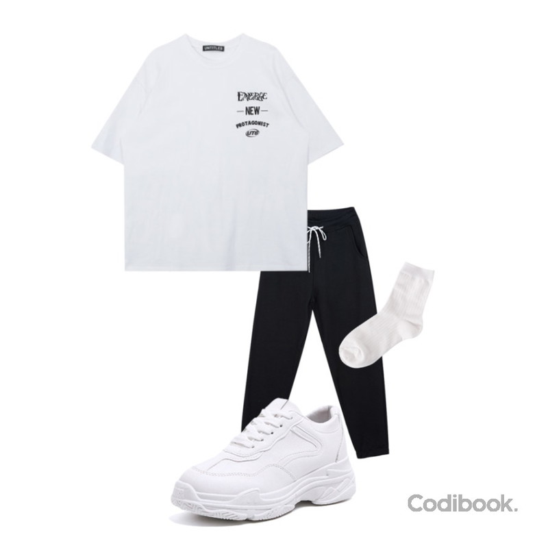 Cats Onepiece 여성키높이운동화 5cm,MIXXMIX Long Lettering Point Top,MIXXMIX 스트링 밴딩 조거 팬츠등을 매치한 코디