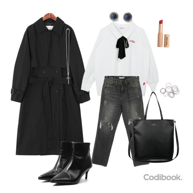 ROCOSIX fresh cutting denim PT,MIXXMIX Heart Ribbon Blouse,ROCOSIX 트렌디 스트랩 트렌치코트등을 매치한 코디