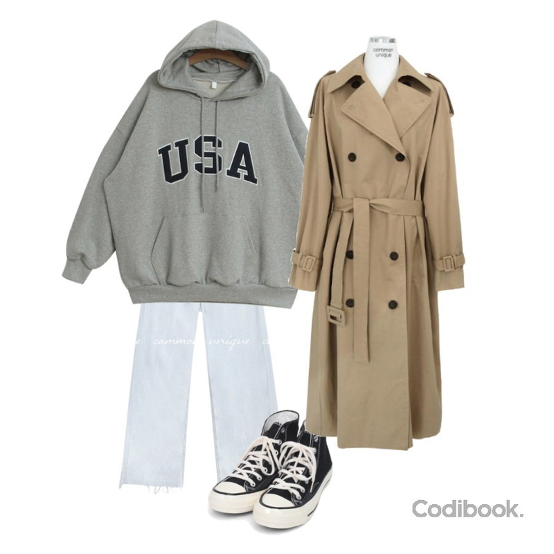 TODAY ME 모아이 후드티,common unique SOLR CUTTING LONG DENIM PANTS,AIN colouring high canvas sneakers (225-250)등을 매치한 코디