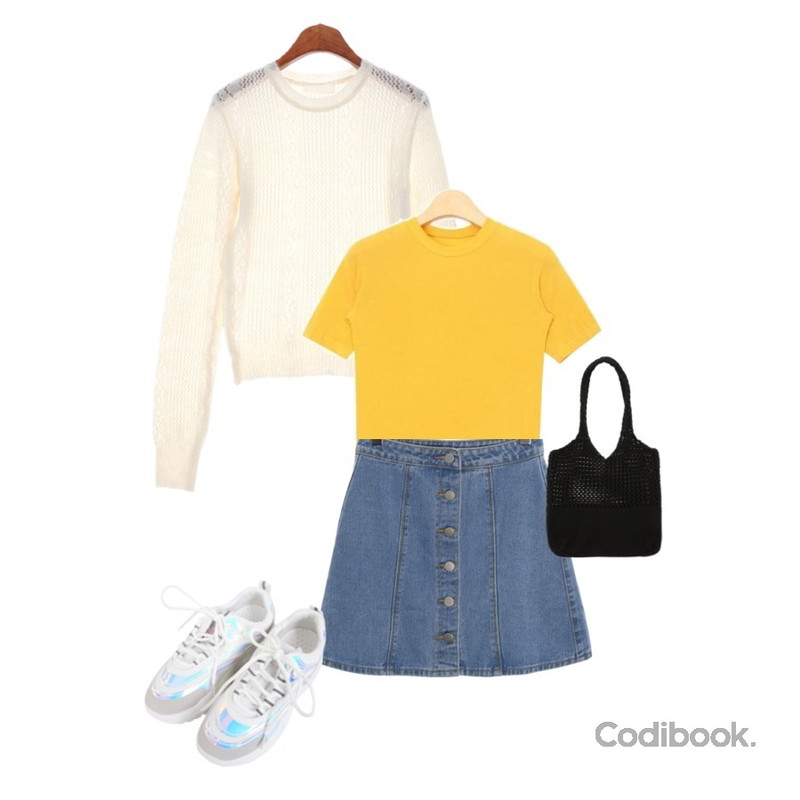 AIN boo span crop T (5 colors),ROCOSIX line button denim SK,ROCOSIX 알파카 반크롭 니트등을 매치한 코디
