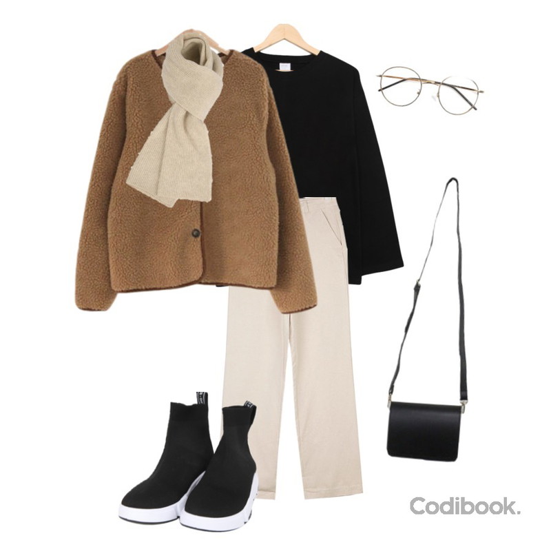 AIN french shape long pants (s, m),LOVELY SHOES 덤블 뽀글이 자켓,BULLANG GIRL 팝앤드기본데일리T♥남녀공용♥등을 매치한 코디