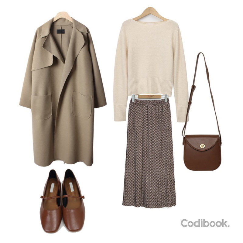 BACHO 리크디 모직 롱코트,From Beginning Henz wool boat-neck knit_A (울 50%,캐시미어 5%) (size : free),From Beginning Grain pleats long skirt_C (size : free)등을 매치한 코디