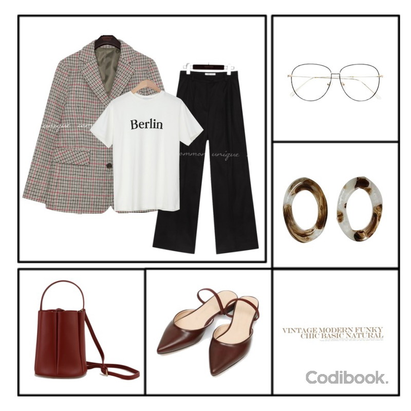 frame,common unique [OUTER] LAPAZ WOOL HOUND CHECK JACKET,common unique HADI PINTUCK WIDE LONG SLACKS등을 매치한 코디
