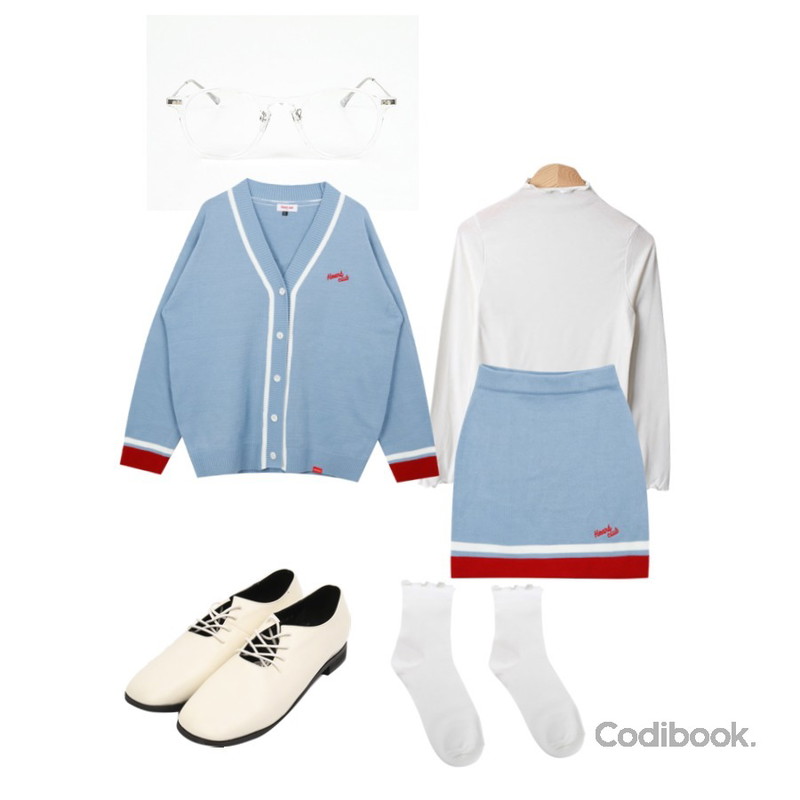 AIN summer pure glasses,MIXXMIX Heart Coloration Knit Cardigan Heart Coloration Knit Skirt SET,BACHO 슈윈 물결 반폴라티등을 매치한 코디