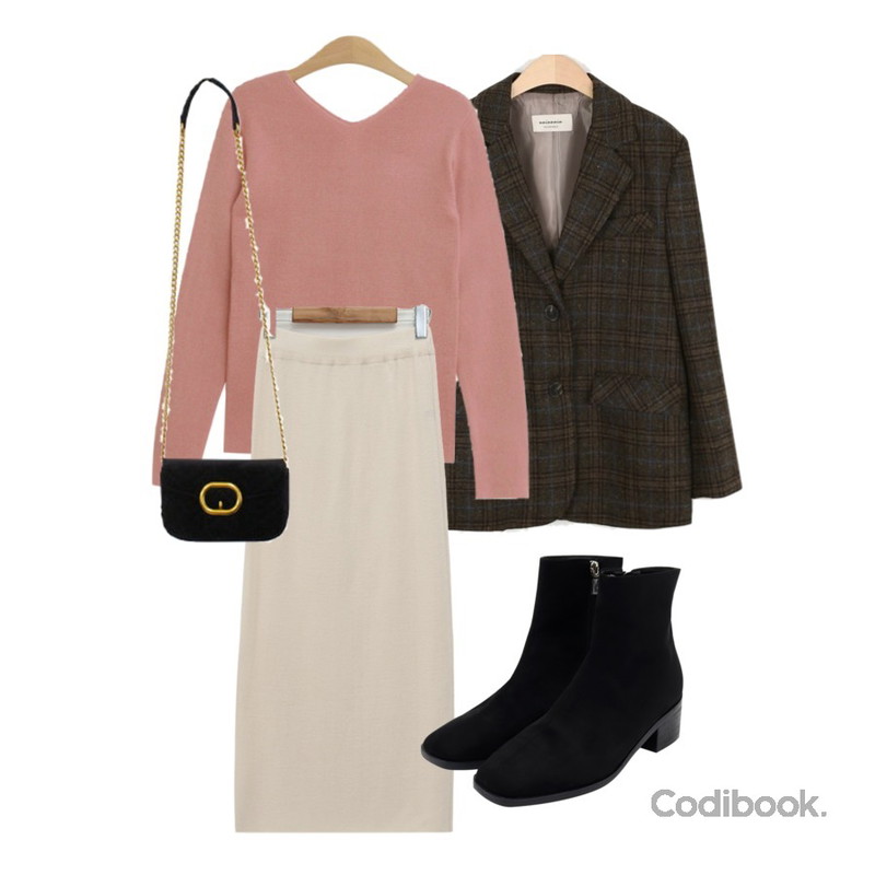 TODAY ME (양브이넥 knit),From Beginning Take knit long skirt_C (size : free),MOREDAY 체크 울 자켓 (2colors)등을 매치한 코디