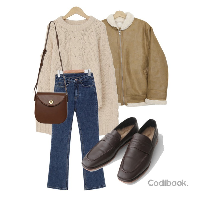 From Beginning Long boots-cut denim pants_K (size : S,M,L),AFTERMONDAY inner fake fur loafer (3colors),From Beginning Clack round cross bag_C (size : one)등을 매치한 코디