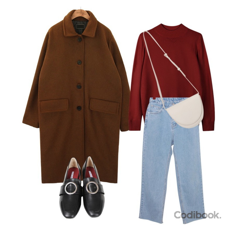 biznshoe Soft half neck knit (12color),about moon 5089 링 로퍼 (5 color),common unique CLASSIC WOOL 70% SINGLE LONG COAT등을 매치한 코디