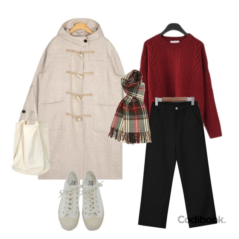 AIN hoody handmade duffle coat (wool90%),AIN classic check muffler,BITDA 앤딩 sh (3color)등을 매치한 코디