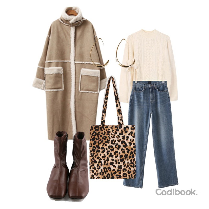 BANHARU fake curve earring,AIN leopard mini bag,MOREDAY 레더 앵클 부츠 (4colors)등을 매치한 코디