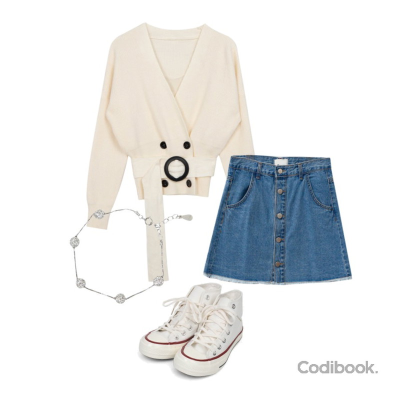 WHOSGIRL 스와로브스키 볼 실버925 팔찌,ENVYLOOK 쏘쏘버튼스커트,AIN colouring high canvas sneakers (225-250)등을 매치한 코디