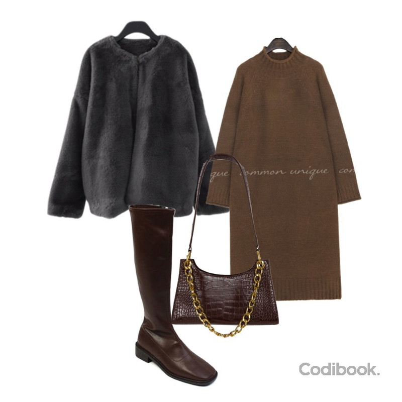 biznshoe Center line long boots (3colors),MIXXMIX 크로커다일 체인백,common unique RAGLAN SLIT HIGH NECK KNIT LONG OPS등을 매치한 코디