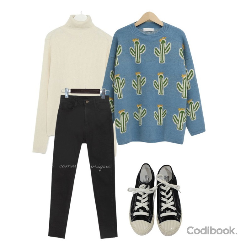 From Beginning Cactus pattern round knit_B (size : free),BITDA 앤딩 sh (3color),common unique BES NAPPING CUTTING DENIM SKINNY등을 매치한 코디