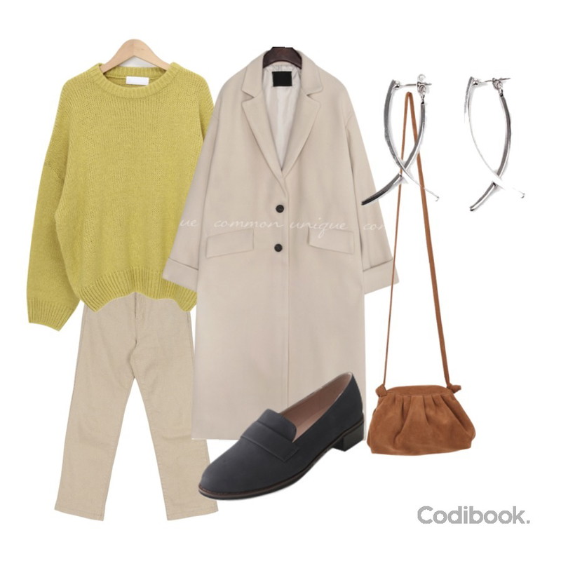 AIN high stick earring,AFTERMONDAY vintage matt loafer (4colors),common unique RONT WOOL SILT SINGLE LONG COAT등을 매치한 코디