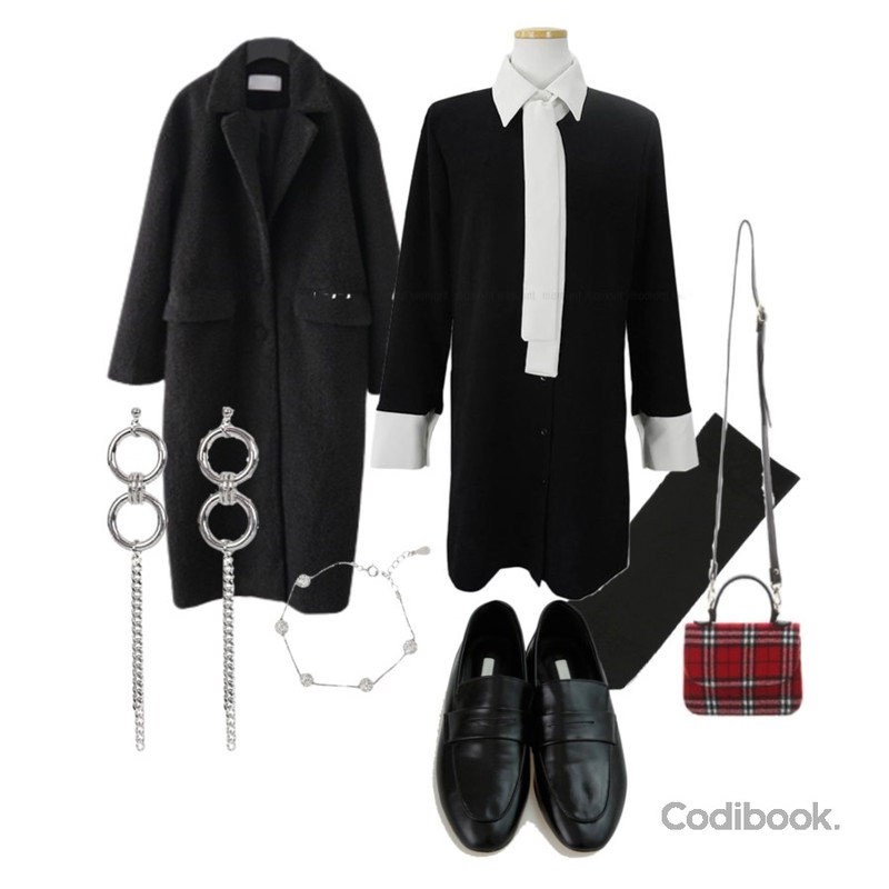 biznshoe Chain ring earring,ROCOSIX tiny 2way check BAG,MOMORIT 하객룩추천♥ 리본 배색 원피스 2color등을 매치한 코디