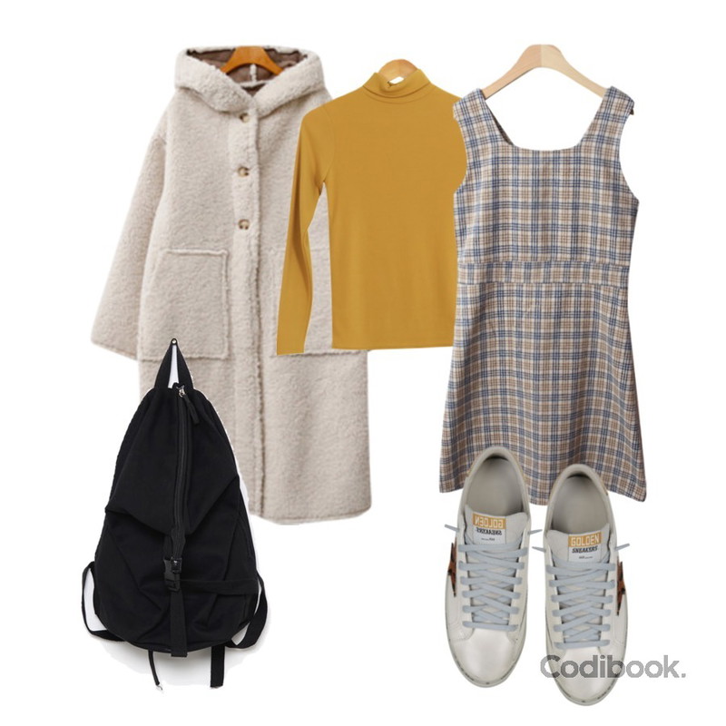 AWAB 톤즈폴라티,WHOSGIRL 골든 송치 스니커즈,AIN diagonal zipper line backpack등을 매치한 코디