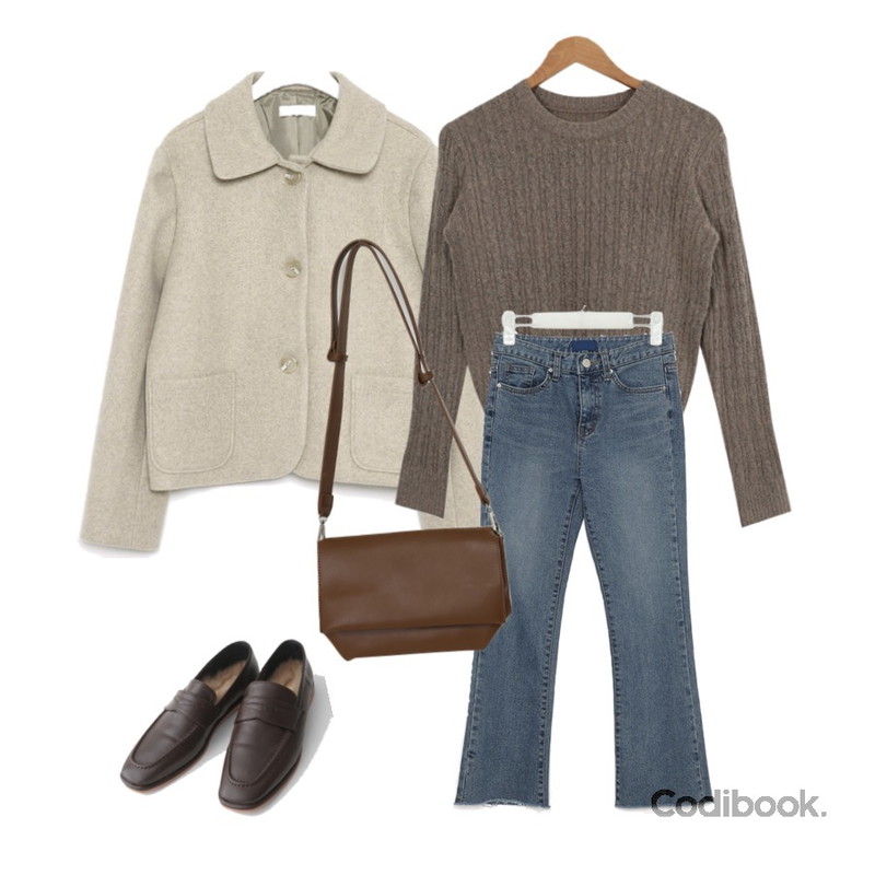 AFTERMONDAY inner fake fur loafer (3colors),AWAB 팁꽈배기라운드니트,AIN a crema round short jacket등을 매치한 코디