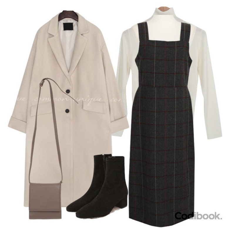 From Beginning Let simple cross bag_U (size : one),common unique RONT WOOL SILT SINGLE LONG COAT,common unique ROSE SUEDE SLIM ANKLE BOOTS등을 매치한 코디