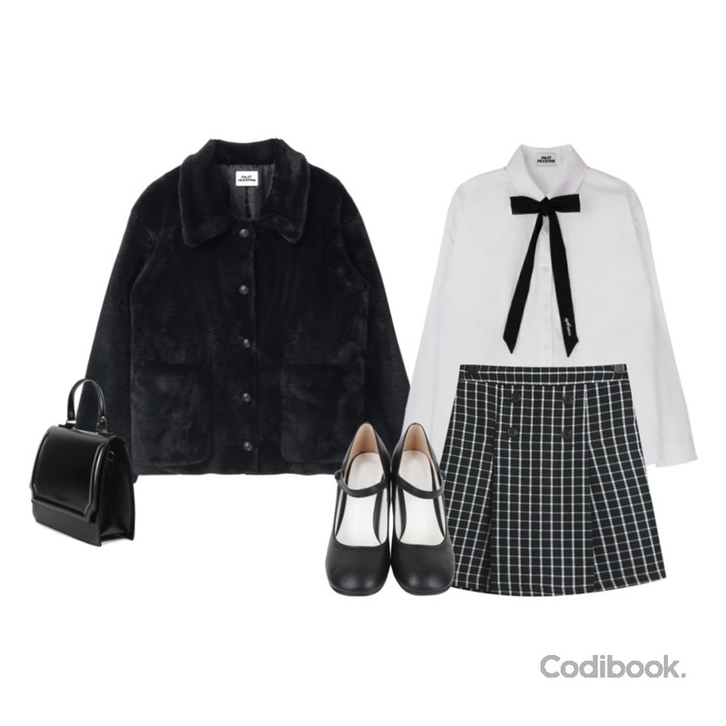 AIN mary janes dancing shoes (2 colors),TODAY ME 포니카 체크 스커트,AIN solid square tote bag (2 colors)등을 매치한 코디