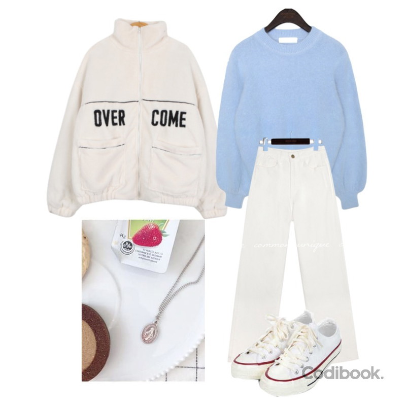 common unique CLOUD ANGORA ROUND KNITWITH CELEBRITY _ 조이, 강민경 착용,BULLANG GIRL 오버컴양털집업,AIN taylor canvas sneakers (225-250)등을 매치한 코디