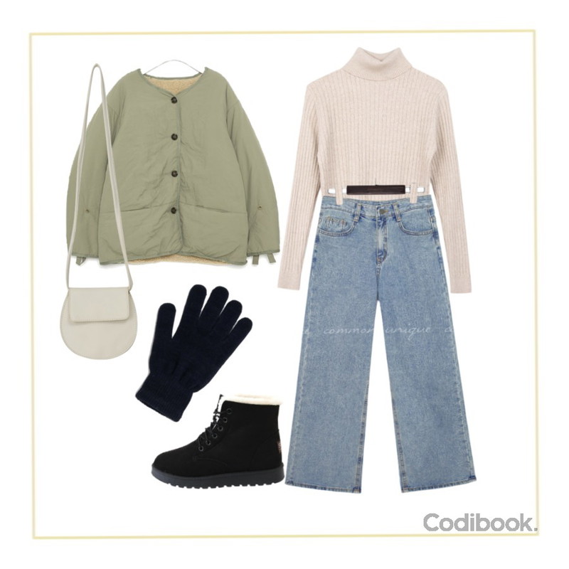 LOVELY SHOES 르피엘 워커 2.5cm,common unique F/W CANMORE WIDE DENIM PANTS,AIN daily warm button jumper등을 매치한 코디
