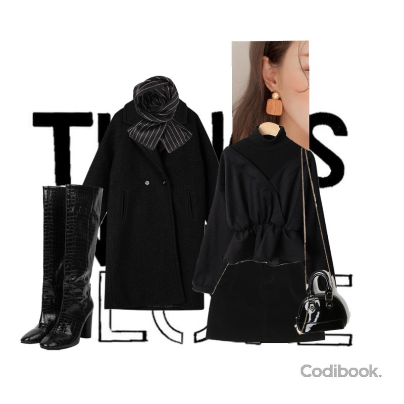 biznshoe Stripe muffler,AIN mini enamel bag,common unique CARBON WOOD DROP EARRING등을 매치한 코디
