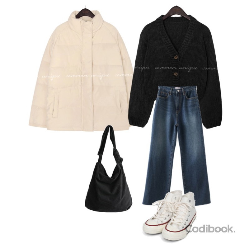 AIN colouring high canvas sneakers (225-250),AFTERMONDAY wearable cotton shoulder bag (3colors),AFTERMONDAY stitch washing maxi denim pants등을 매치한 코디