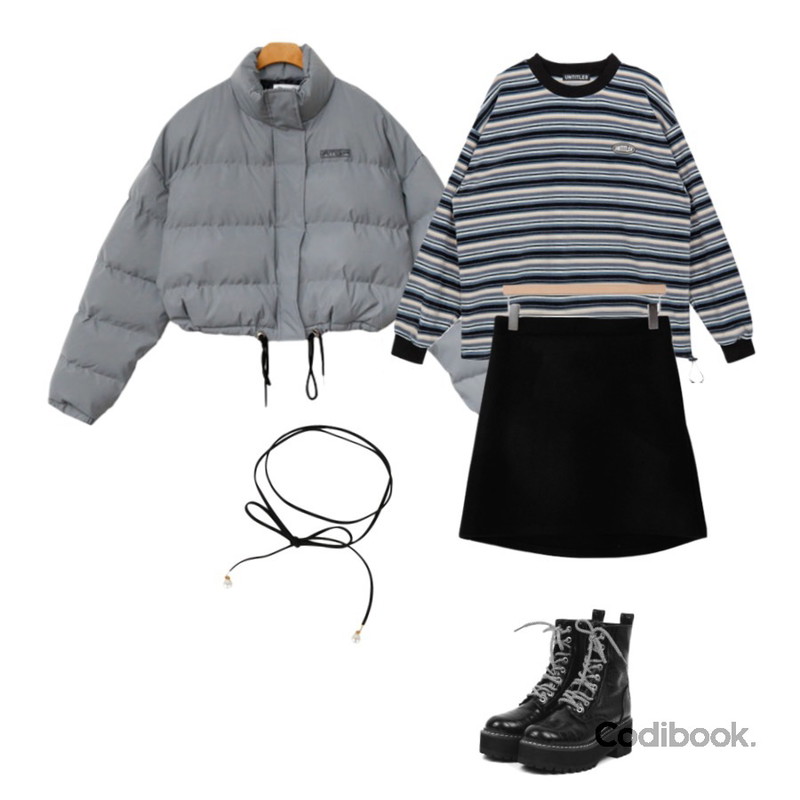 BULLANG GIRL 펄스웨이드 초커,openthedoor leather stitch pattern walker boots,ENVYLOOK 스카치숏패딩등을 매치한 코디