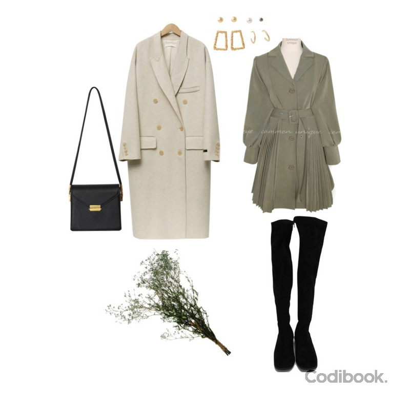 From Beginning Over double handmade coat_M (울 90%) (size : free),common unique BABBLE PLEATS BELT MINI OPS,From Beginning Prom over knee boots_C (size : 230,235,240,245,250)등을 매치한 코디