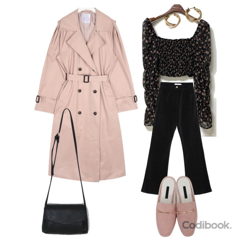 From Beginning Mud soft buckle bloafer_M (size : 230,235,240,245,250),AIN rose cape trench coat,lavenir space earring등을 매치한 코디