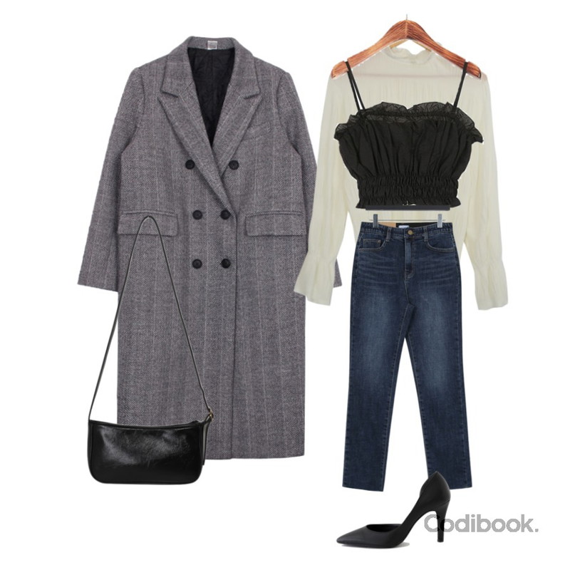 LOVELY SHOES 티나 스틸레토 힐 9cm,biznshoe Wool herringbone coat (3colors),ROCOSIX 밴딩 프릴 스트랩 슬리브리스등을 매치한 코디