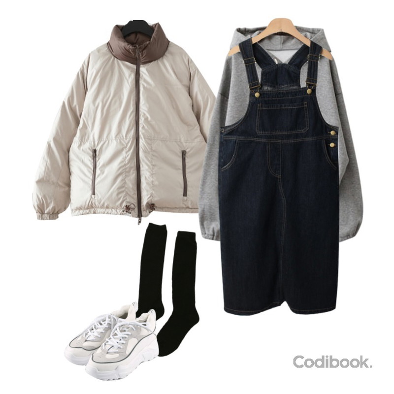 Zemma World 베이직 니삭스,AFTERMONDAY over-fit daily padding jumper (2colors),MOREDAY 볼드 어글리 슈즈 (2colors)등을 매치한 코디