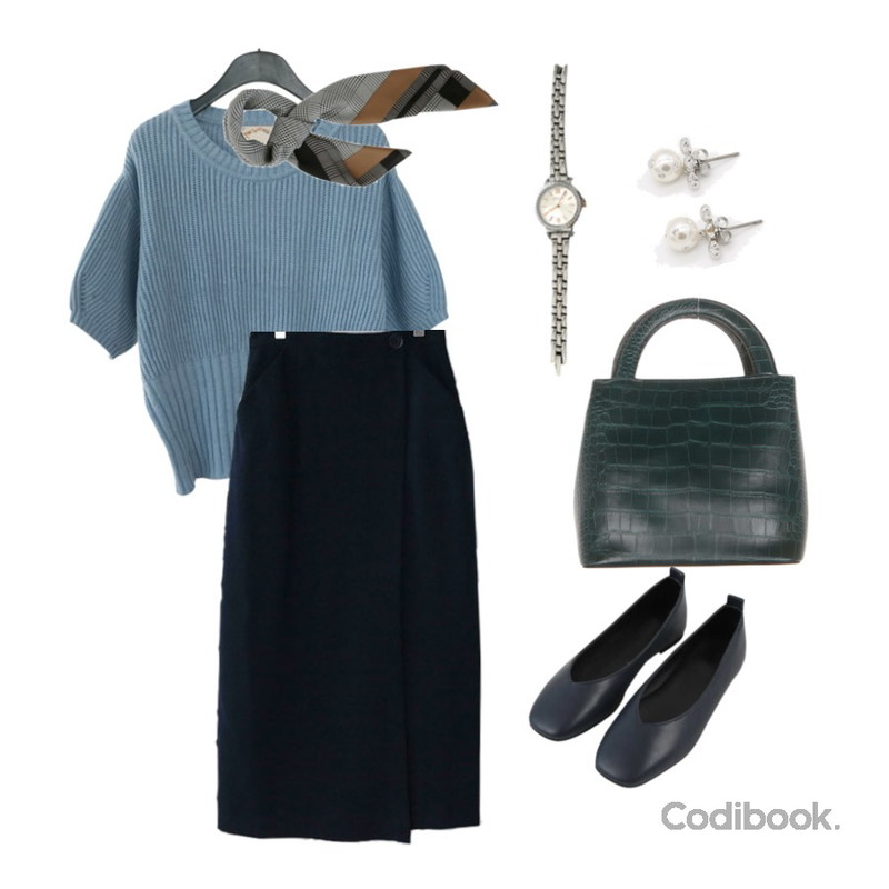 MINIBBONG 카린 베이직플랫슈즈,Zemma World Bridge-스카프,AFTERMONDAY volume shape kitsch knit (5colors)등을 매치한 코디