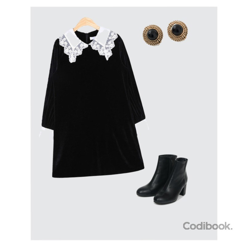 AIN basic leather ankle boots (225-250),AIN lace collar velvet ops,BANHARU antique mood earring등을 매치한 코디